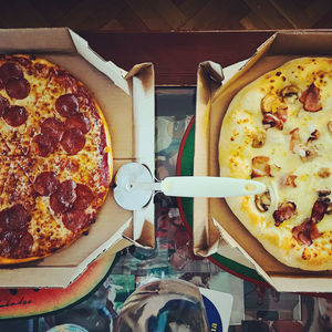 High angle view of pizza on table