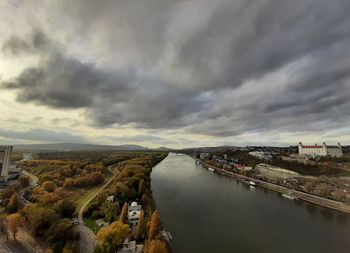 Aerial view of bridge over river against sky