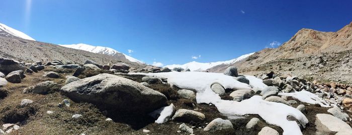 Scenic view of snowcapped mountains against blue sky