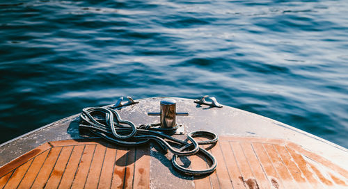 Closeup on a bow of tourist boat while surfing lake maggiore