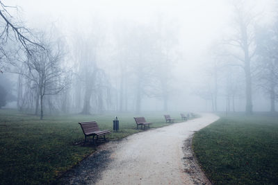 Empty bench in park during winter