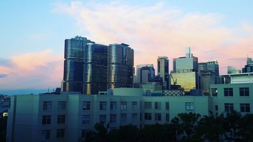 Modern cityscape against sky during sunset