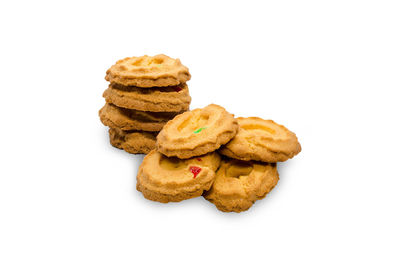 Close-up of cookies against white background