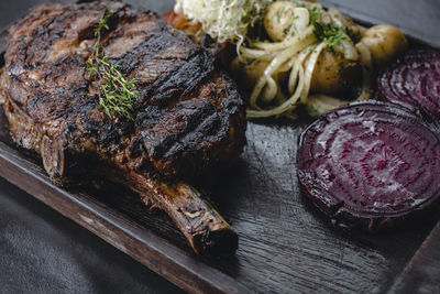 Close-up of meat in plate on table