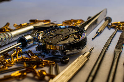 High angle view of mechanical watch repair. 
