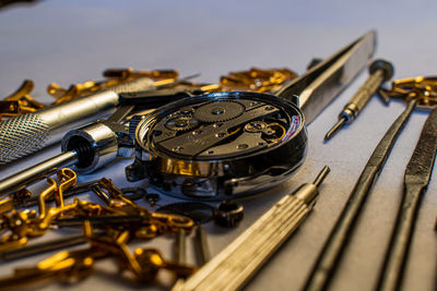 High angle view of clock on table