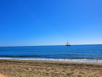 Scenic view of sea against clear blue sky