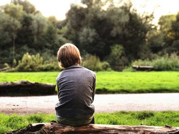 Rear view of boy sitting on wood at park