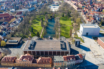 High angle view of buildings in city