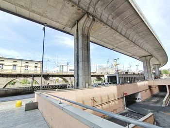 Bridge over river in city against sky