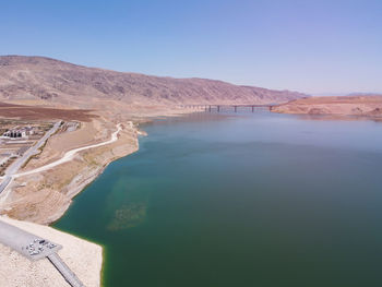 Aerial view of water reservoir on the river tigris in the place of former village of hasankeyf