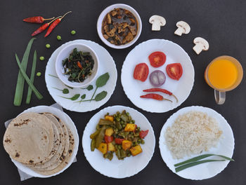 High angle view of food served on table