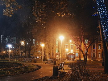 Illuminated street amidst buildings at night