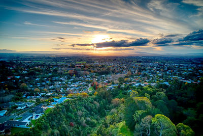 High angle view of townscape against sky during sunset