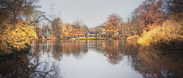 Trees by lake against buildings during autumn