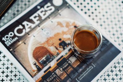 High angle view of coffee on table