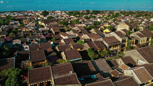 High angle view of buildings in city