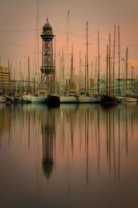 Sailboats in marina at sunset