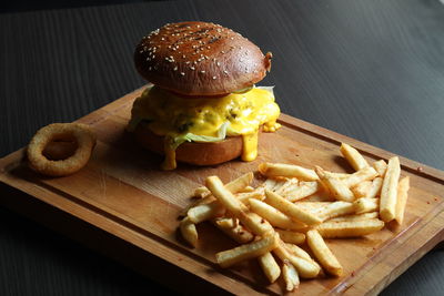 Close-up of burger on table