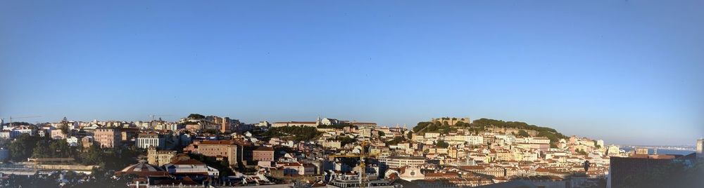 Aerial view of townscape against clear blue sky