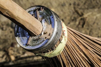 High angle view of metallic structure on broom stick