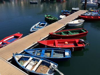 High angle view of boats moored on river