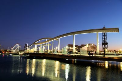 Bridge over river in city against clear blue sky