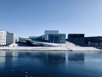 Buildings in city against clear blue sky