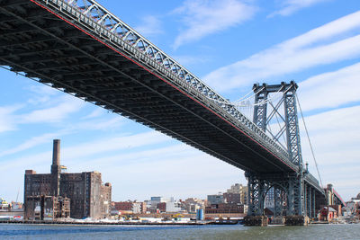 Low angle view of bridge over river and buildings against sky