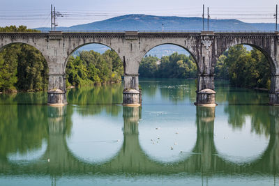 Arch bridge over river against sky