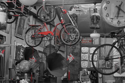 Bicycles hanging in store