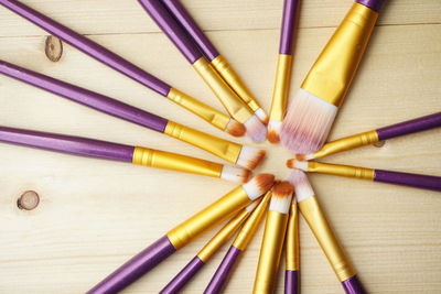 High angle view of multi colored pencils on table