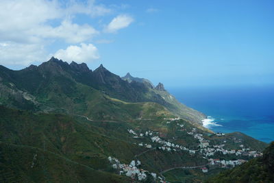 Scenic view of sea and mountains against sky