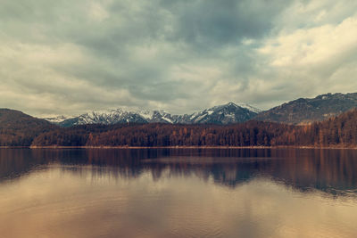 Scenic view of lake by mountains against sky