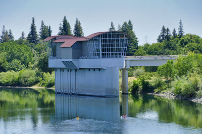 Scenic view of lake by trees against sky