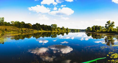 Scenic view of calm lake with clouds reflection