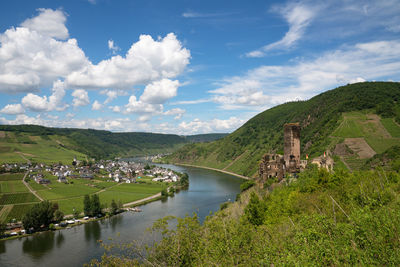 Panoramic image of the landscape close to beilstein with castle ruin, moselle, germany