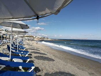 Scenic view of beach against blue sky