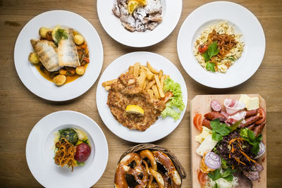 High angle view of meal served on table