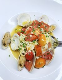 High angle view of breakfast served on table