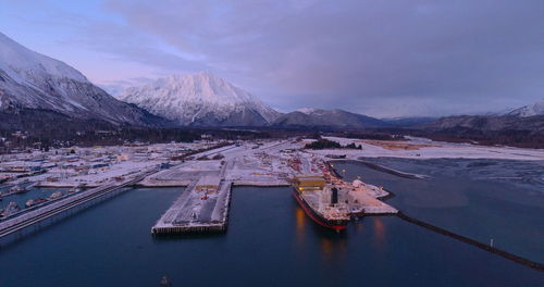 Scenic view of snowcapped mountains against sky during winter