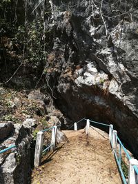 High angle view of steps amidst rocks in forest