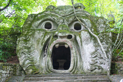 Close-up of old statue against trees