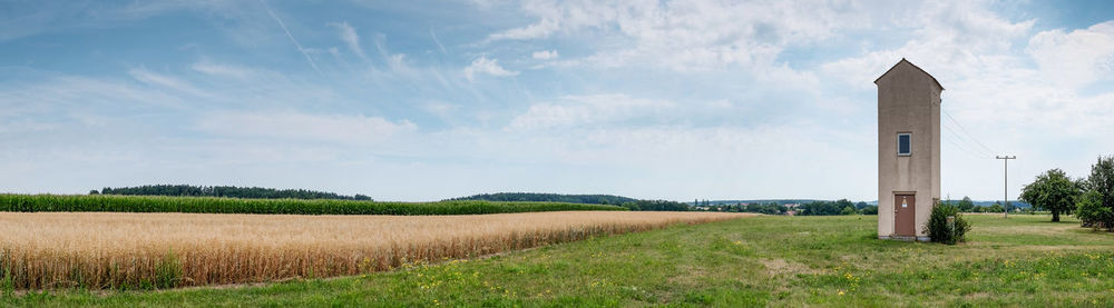 Scenic view of farm against sky