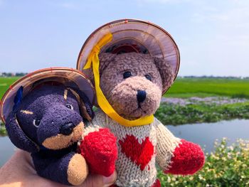 Two stuffed animals wearing straw hats 