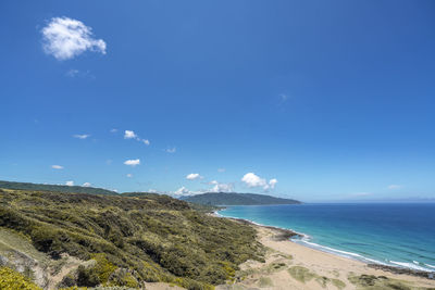 Scenic view of sea against blue sky