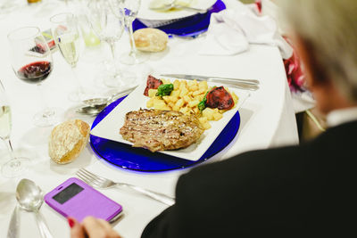 High angle view of meal served on table