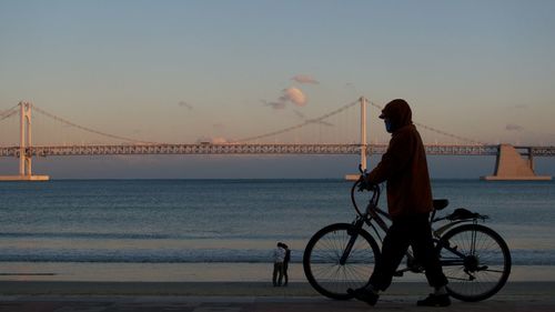 Side view of man with bicycle walking against bridge over sea