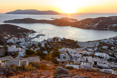 High angle view of buildings during sunset