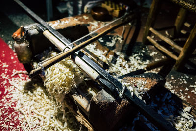 High angle view of meat on table